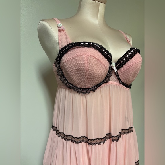 La SENZA Pink Babydoll Chemise with Black Lace Trim - Picture 4 of 5